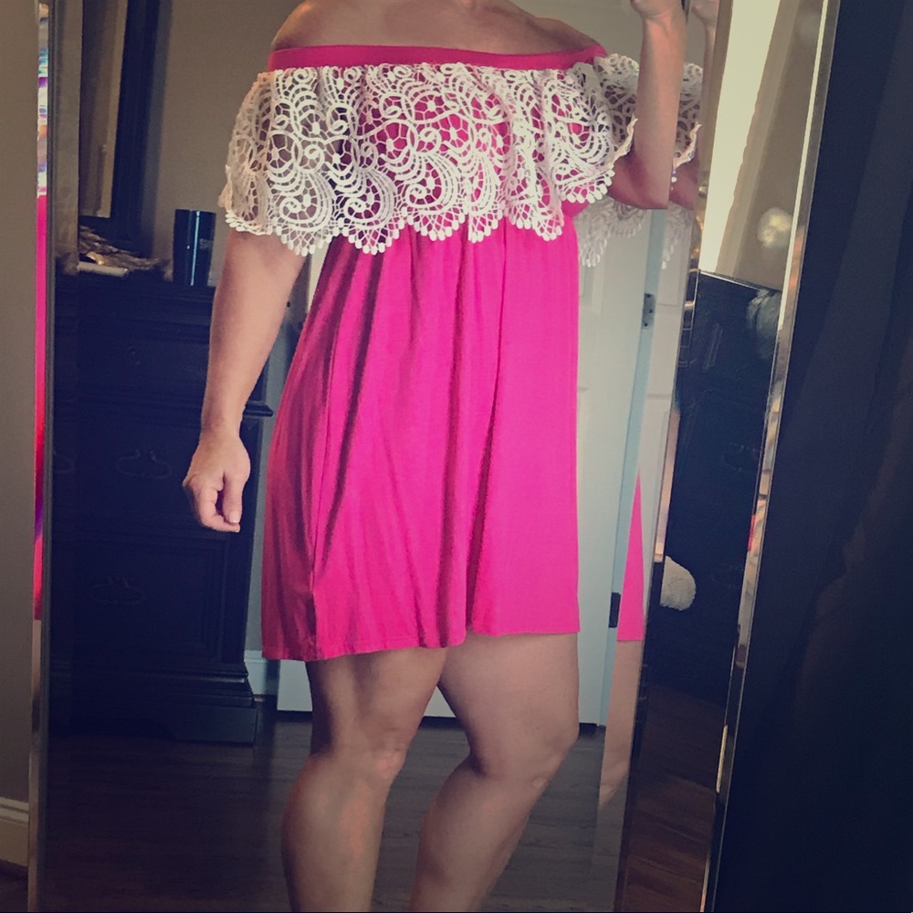Bright pink short t shirt material dress with lace